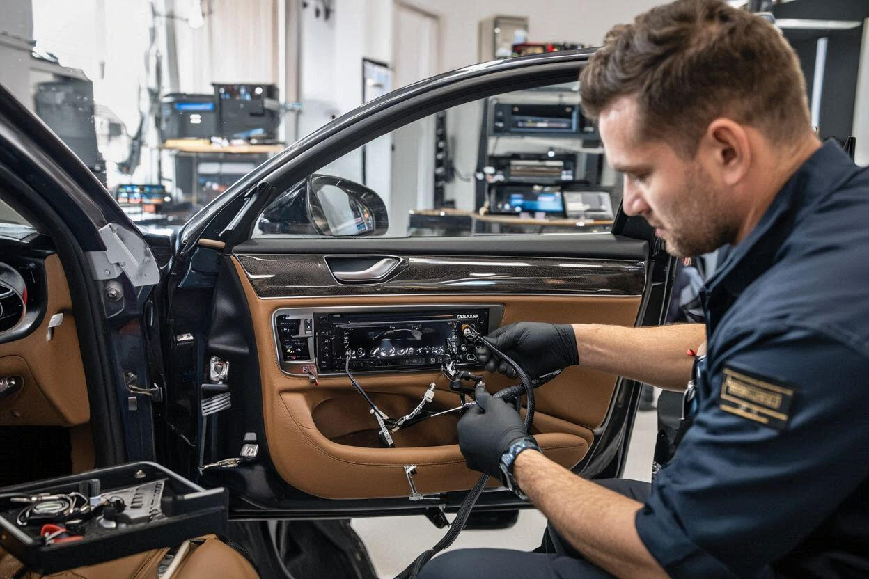 Insonorizacion Automotriz en Rosario Tecnico especialista de Sol Audio Car realizando insonorizacion automotriz de puertas con placas aislantes y cableado de estereo